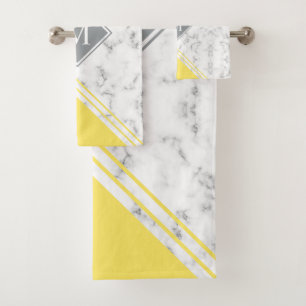 Modern stylish monogram yellow grey marble bath towel set