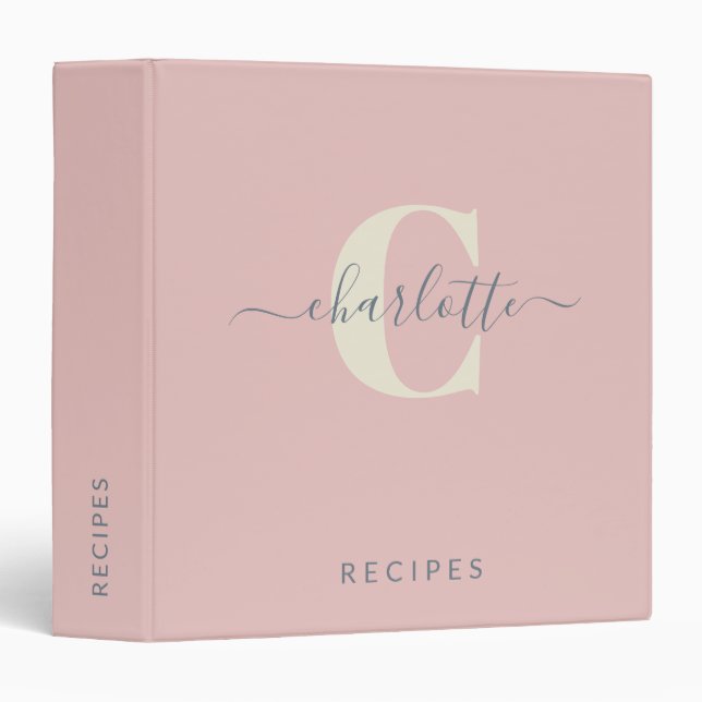 Modern Stylish Monogrammed Name Blush Pink Recipe Binder (Front/Spine)