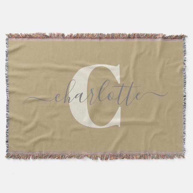 Modern Stylish Monogrammed Name Gold Tan  Throw Blanket (Front)