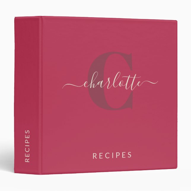 Modern Stylish Monogrammed Name Magenta Red Binder (Front/Spine)