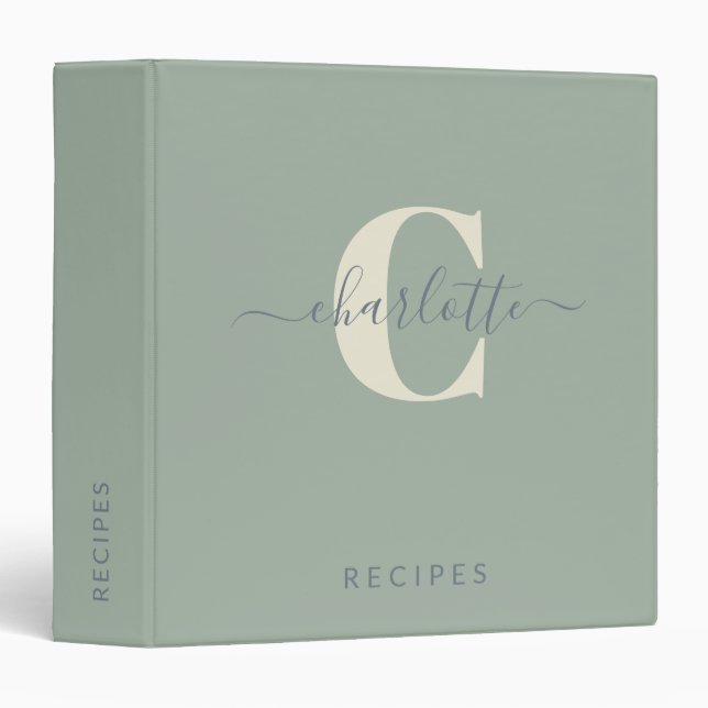 Modern Stylish Monogrammed Name Sage Green Binder (Front/Spine)