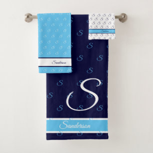  Modern Stylish Navy Blue and White Monogram Bath  Bath Towel Set