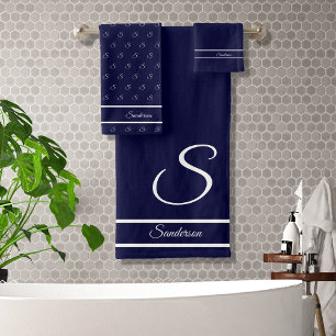 Modern Stylish Navy Blue and White Monogram Bath Bath Towel Set