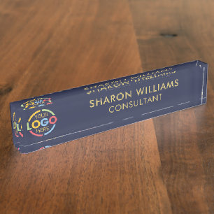 Modern Stylish Navy Blue Gold Business Logo Office Nameplate