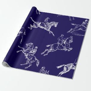 Modern Stylish Navy Blue Horseback Riding Toile Wrapping Paper