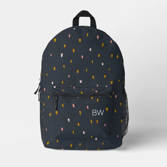 Modern Stylish Navy Blue Pattern Monogram Initials Printed Backpack (Front)