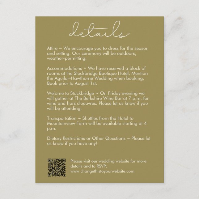 Modern Stylish Olive Wedding Details Enclosure Card (Front)