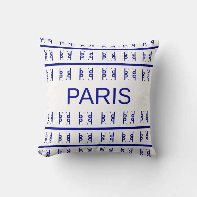 Modern stylish Paris calligraphy in blue & white Throw Pillow (Front)