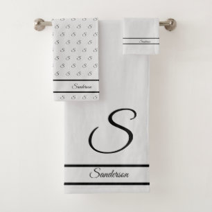  Modern Stylish Pewter Grey White Monogram Name Bath Towel Set