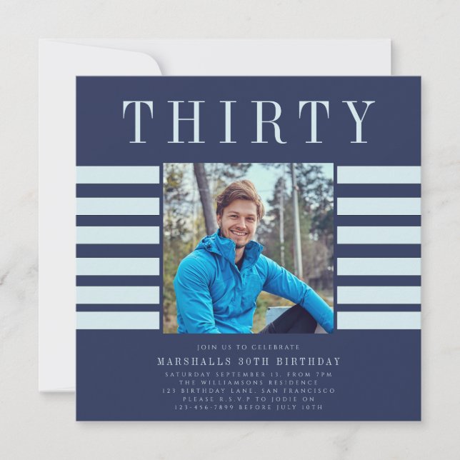 Modern stylish photo mens  blue 30th birthday  invitation (Front)