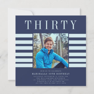 Modern stylish photo mens  blue 30th birthday  invitation