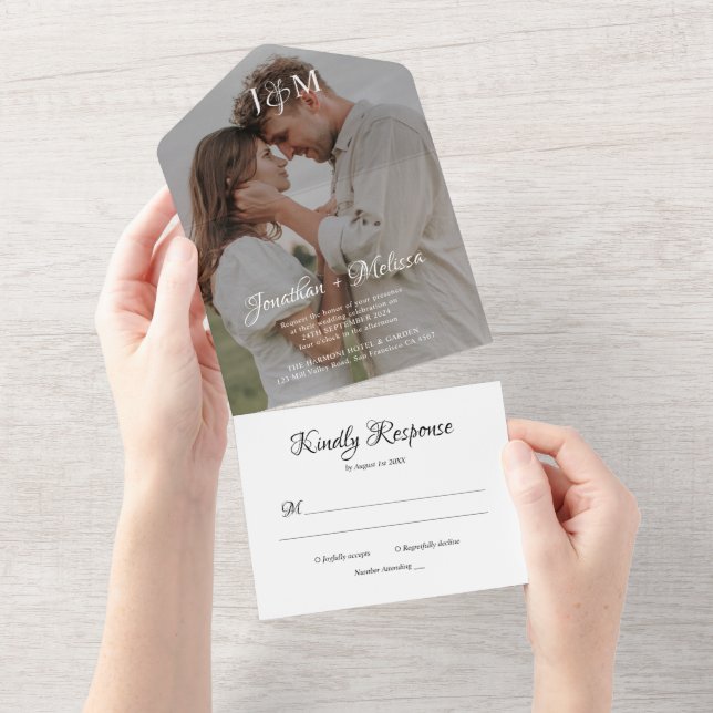 Modern Stylish Photo Monogram Script Wedding All In One Invitation (Tearaway)