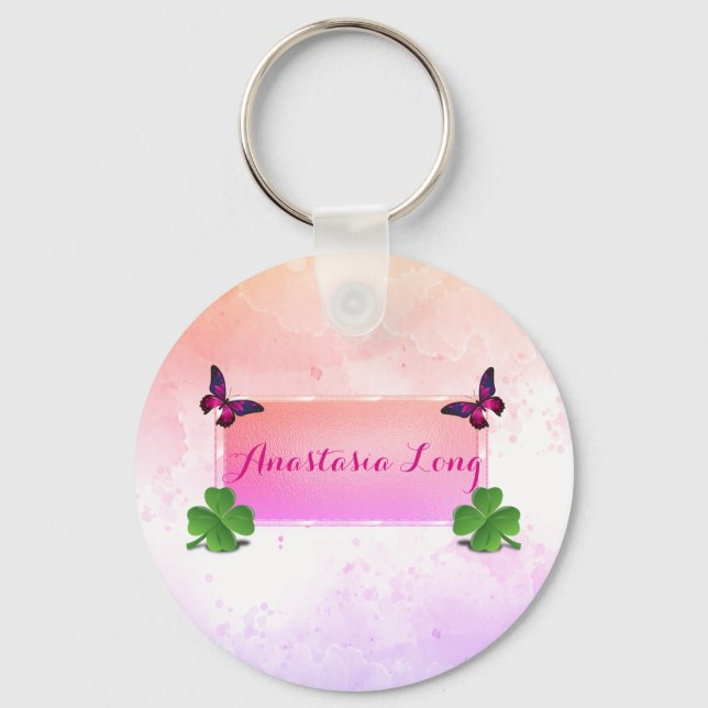 Modern Stylish, Pink Buterfly, Green Clover Keychain (Front)