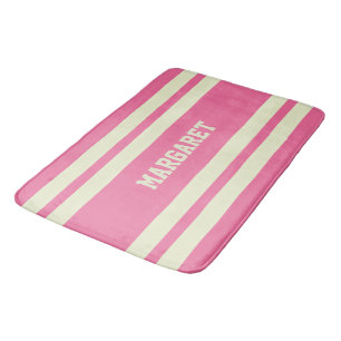 Modern stylish pink white monogram name  bath mat