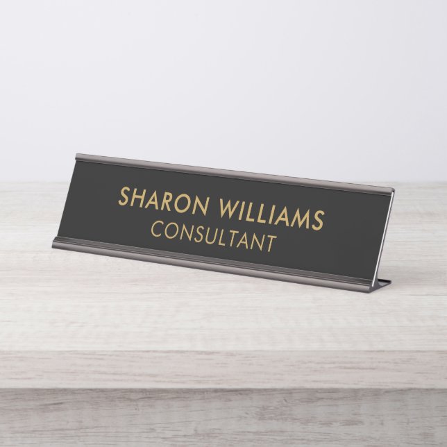 Modern Stylish Professional Black Gold Simple Desk Name Plate (Front)