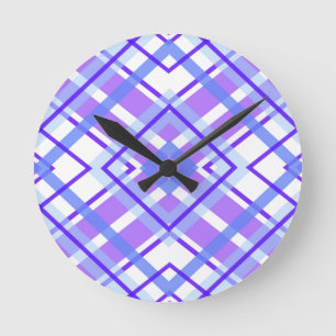 Modern Stylish Purple Blue & White Gingham Pattern Round Clock
