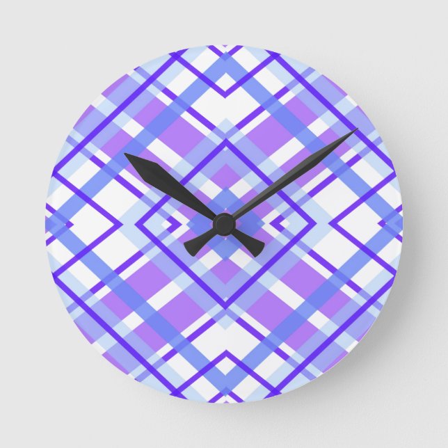 Modern Stylish Purple Blue & White Gingham Pattern Round Clock (Front)