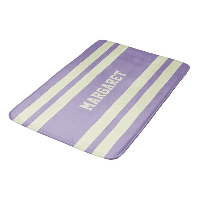 Modern stylish purple white monogram name  bath mat (Angled)