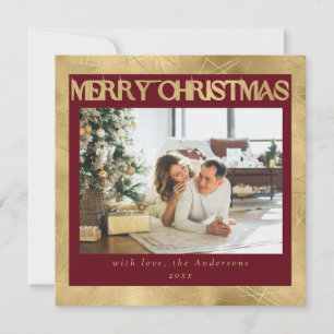 Modern Stylish Red & Faux Gold 1 Photo Christmas Holiday Card