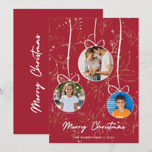 Modern Stylish Red Gold Christmas Family Photo Holiday Card