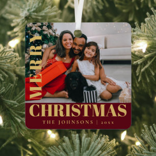 Modern Stylish Red  Merry Christmas Family Photo Metal Ornament