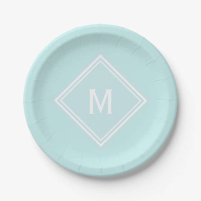 Modern Stylish Robin's Egg Blue Custom Monogram Paper Plate (Front)