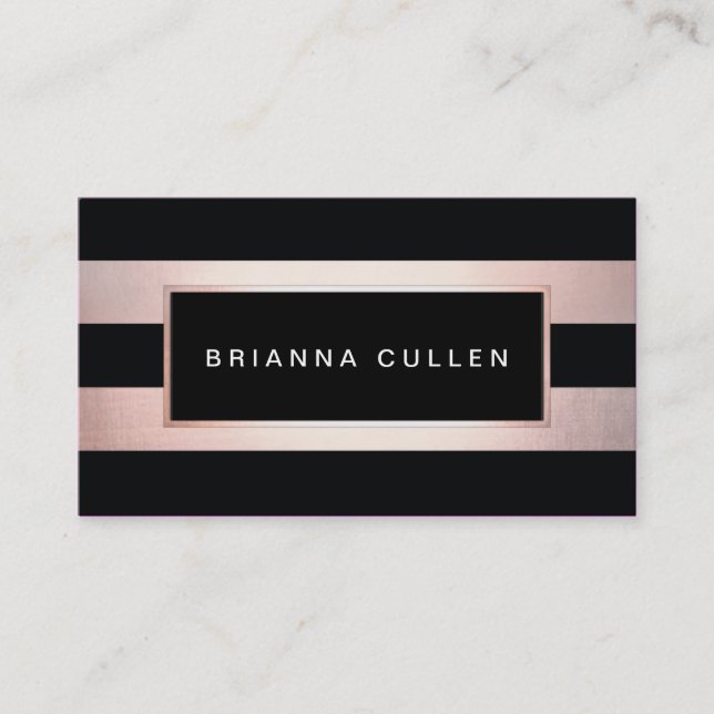 Modern Stylish Rose Gold Black Stripes Business Card (Front)