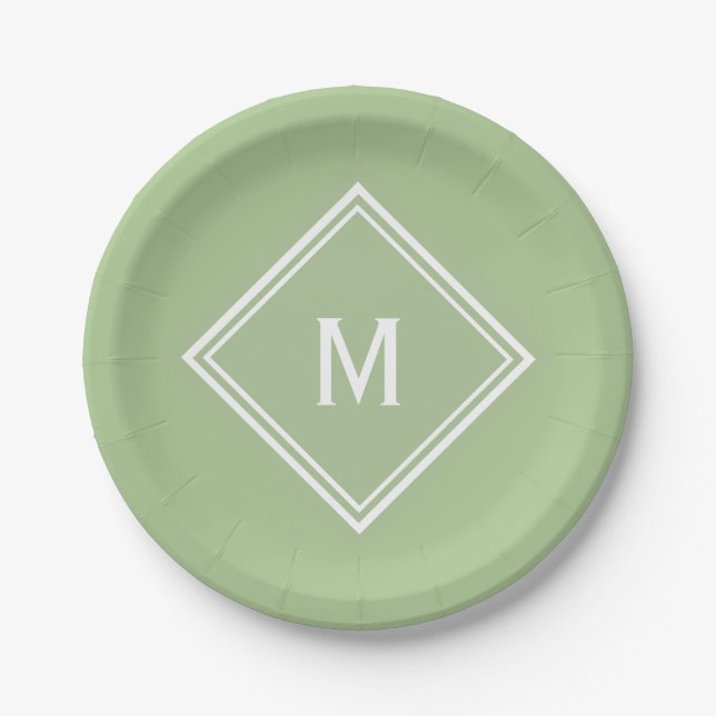 Modern Stylish Sage Green Custom Monogram Paper Plate (Front)