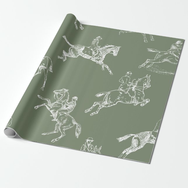 Modern Stylish Sage Green Horseback Riding Toile Wrapping Paper (Unrolled)