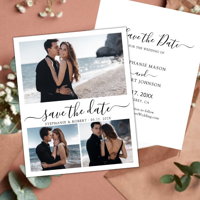 Modern Stylish Script 3 Photo Collage Wedding Save The Date (Creator Uploaded)