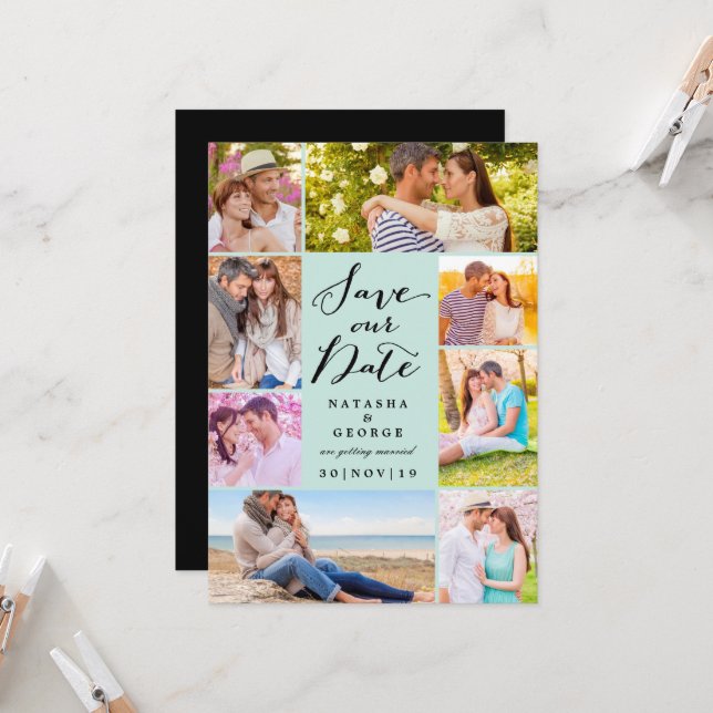 Modern Stylish Script 8 Multi Photo Save The Date Invitation (Front/Back In Situ)