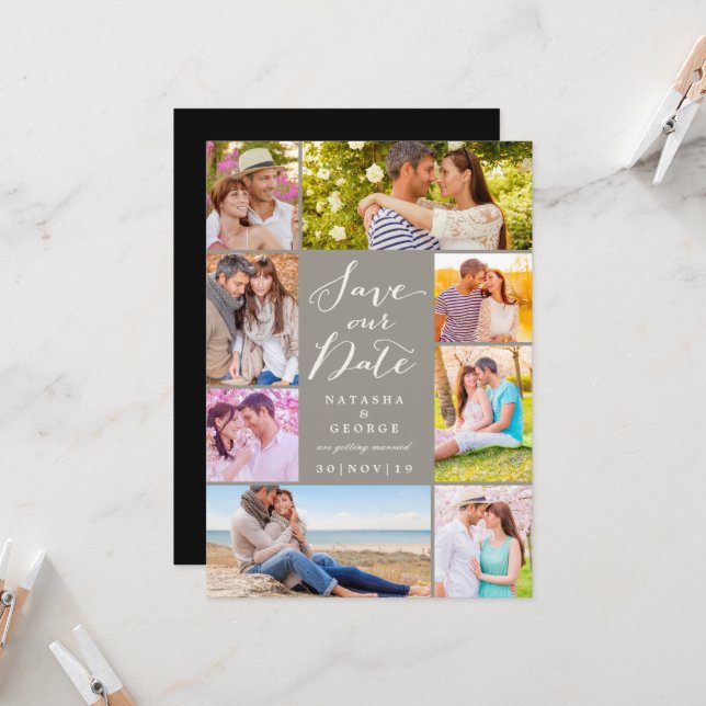 Modern Stylish Script 8 Multi Photo Save The Date Invitation (Front/Back In Situ)