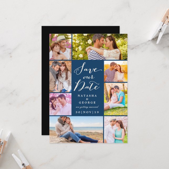 Modern Stylish Script 8 Multi Photo Save The Date Invitation (Front/Back In Situ)