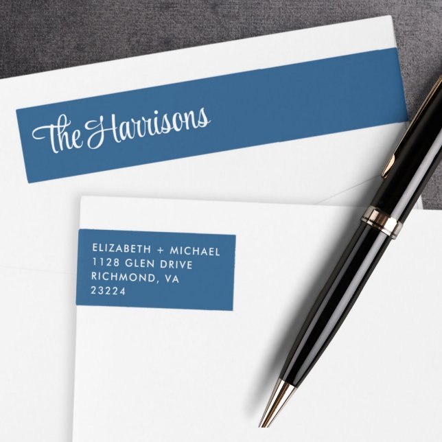 Modern Stylish Script Blue Return Address Wrap Around Label (Creator Uploaded)
