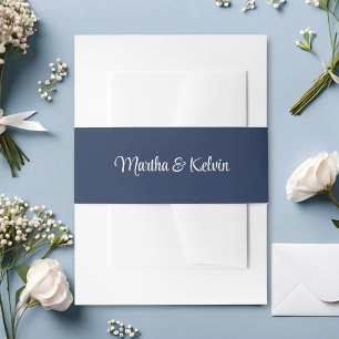 Modern Stylish Script Navy Blue & White Wedding Invitation Belly Band