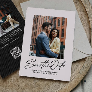 Modern stylish script pink two photo save the date