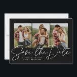 Modern stylish script three photo black and white save the date<br><div class="desc">With three vertical photos and a modern script written "save the date, " this card is the perfect way to announce your engagement and upcoming wedding to friends and family. The chic white text is bold and modern but still sophisticated. The customizable text on the front has room for names,...</div>