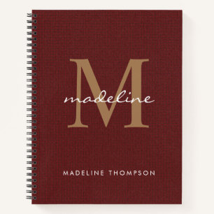 Modern Stylish Script Tweed Red Gold Monogram Notebook