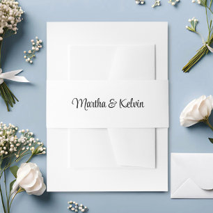 Modern Stylish Script White & Black Wedding Invitation Belly Band