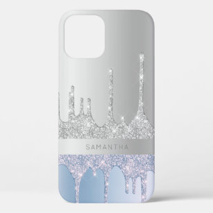 Modern stylish silver & blue glitter drips iPhone 12 case