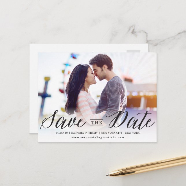 Modern Stylish Simple Script Photo Save The Date Announcement Postcard (Front/Back In Situ)