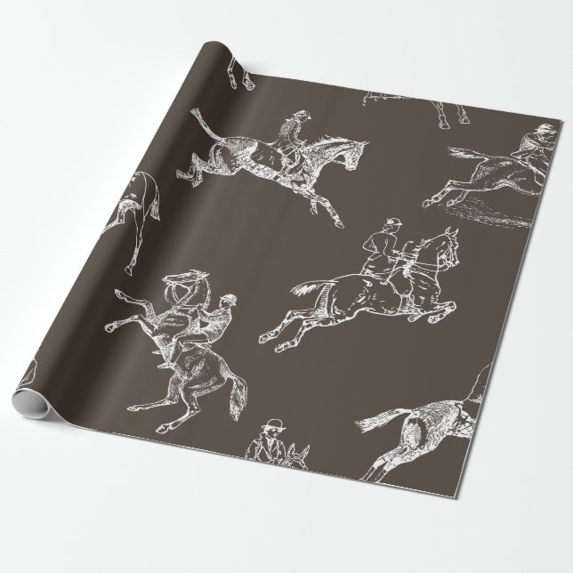 Modern Stylish Taupe White Horseback Riding Toile Wrapping Paper (Unrolled)