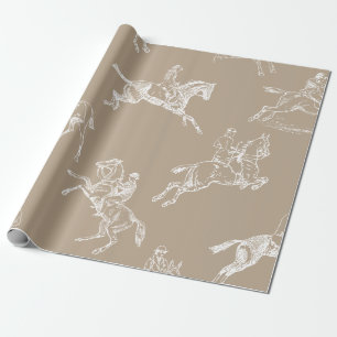 Modern Stylish Taupe White Horseback Riding Toile Wrapping Paper