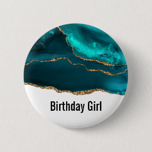 Modern Stylish Teal Agate & Gold Ribbon Birthday 2 Inch Round Button