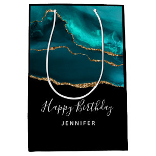 Modern Stylish Teal Agate & Gold Ribbon Birthday Medium Gift Bag