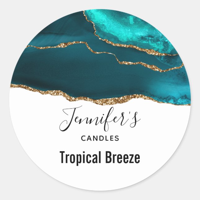 Modern Stylish Teal Agate & Gold Ribbon Candle Classic Round Sticker (Front)