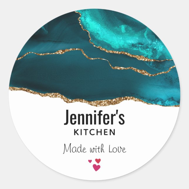 Modern Stylish Teal Agate & Gold Ribbon Kitchen Classic Round Sticker (Front)