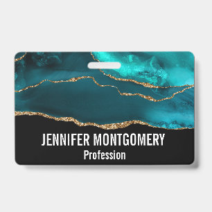 Modern Stylish Teal Agate & Gold Ribbon on Black Badge