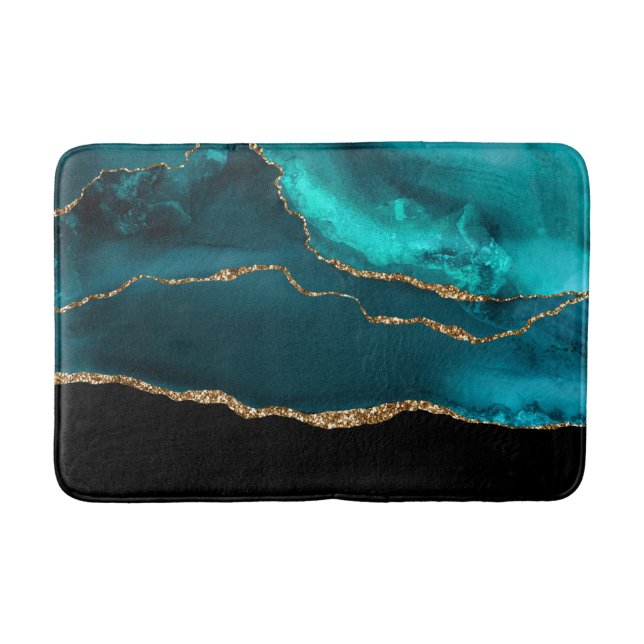 Modern Stylish Teal Agate & Gold Ribbon on Black Bath Mat (Front)
