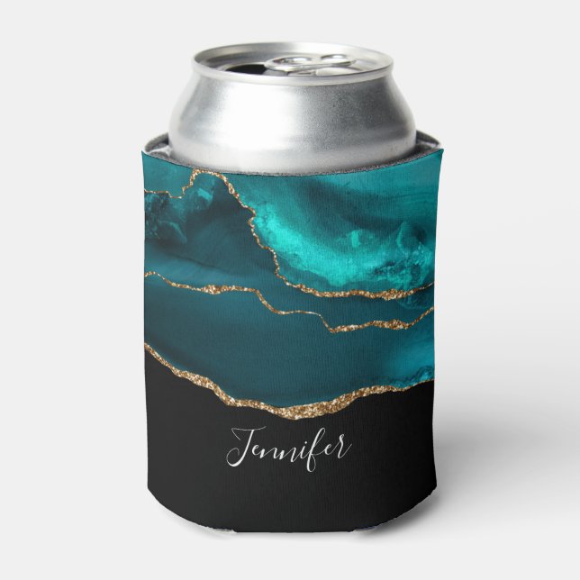 Modern Stylish Teal Agate & Gold Ribbon on Black Can Cooler (Can Front)